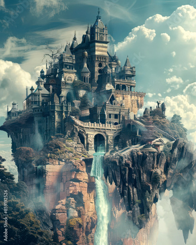 A stunning digital painting of a floating castle. The castle is made of gray stone and has a waterfall flowing down the side. The sky is blue and cloudy and the castle is surrounded by mountains.