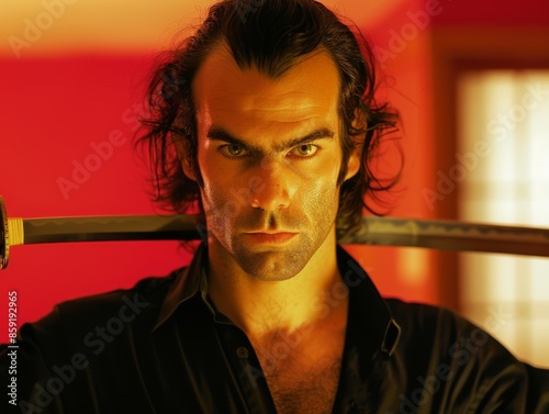 Medium shot of samurai man holding katana, themed background, bright tonality photo