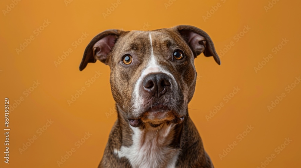 Portrait of a brown and white dog with curious expression against orange background, studio shot. Pet portrait and animal emotions concept Portrait of a brown and white dog with curious expression against orange background, studio shot. Pet portrait and animal emotions concept