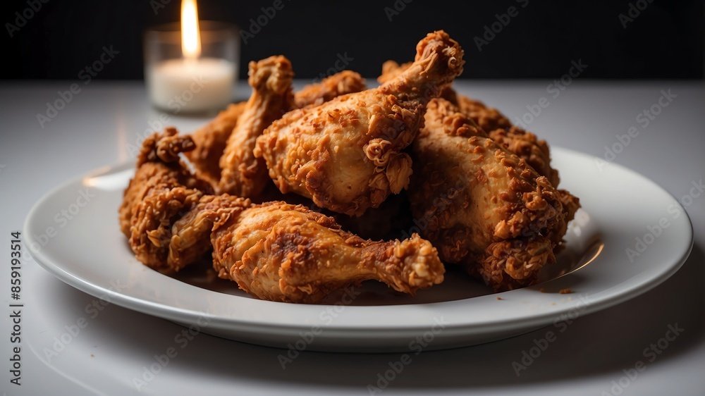 fried chicken on plate on white table and plain background with dramatic lighting fried chicken on plate on white table and plain background with dramatic lighting