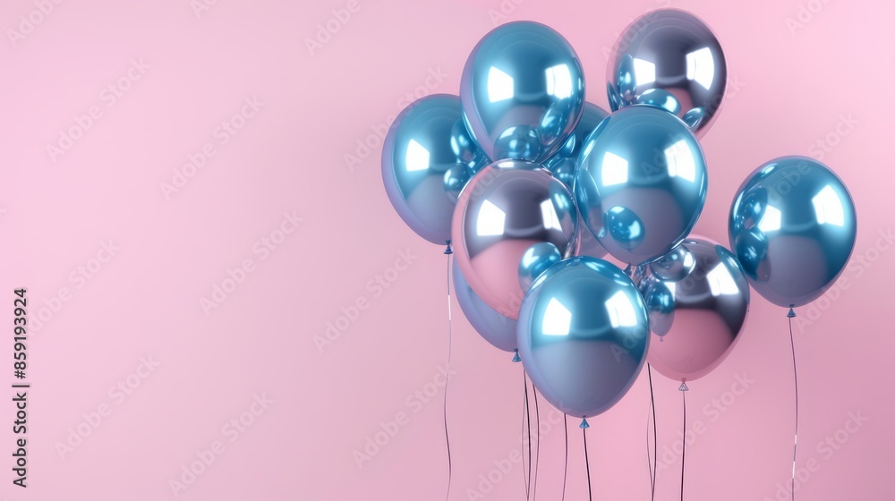 3d rendered realistic glossy blue and silver balloons on pastel background - birthday, party, promotion social media banners, posters