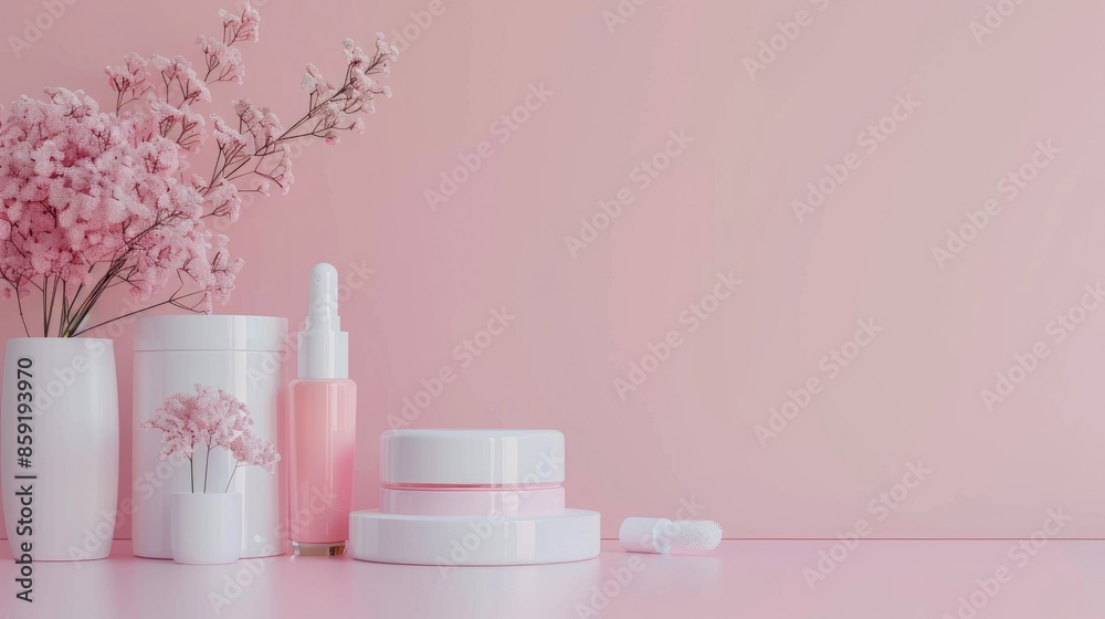 Cosmetic products displayed on pink background with empty space Cosmetic products displayed on pink background with empty space