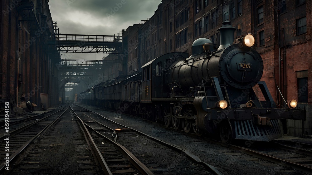 Fototapeta premium Shadowed Steel, Gothic Industrial Railway in Grit and Grandeur