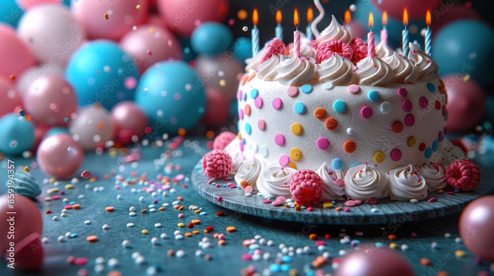 A delightful birthday cake adorned with polka dots, topped with whipped cream swirls and raspberries, surrounded by pink and blue balloons, and lit candles. A delightful birthday cake adorned with polka dots, topped with whipped cream swirls and raspberries, surrounded by pink and blue balloons, and lit candles.