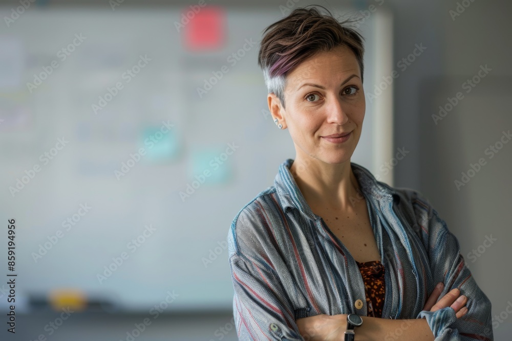 Obraz premium Confident Business Nonbinary identity with Modern Hairstyle in Office Environment