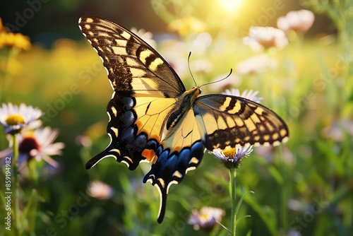 butterfly on a flower with sky background © kashif