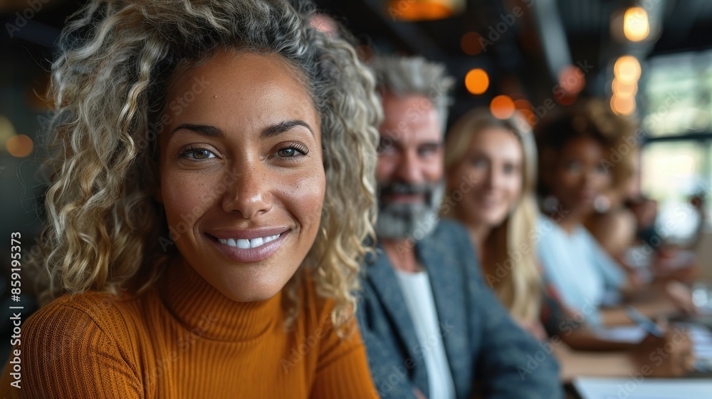 A woman with curly hair is smiling while sitting in a cozy room with lights in the background, focusing on her as other people chat and interact behind her. A woman with curly hair is smiling while sitting in a cozy room with lights in the background, focusing on her as other people chat and interact behind her.
