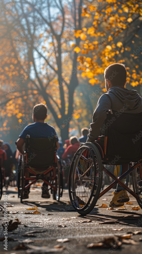 Obraz premium Sunlit path with people in wheelchairs enjoying a day in the park filled with autumn colors and fallen leaves.