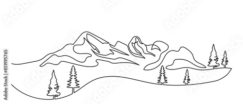 Single continuous line drawing of a mountain range landscape. high mounts and peaks one line art.Concept of Adventure, winter sports, hiking, and tourism vector illustration.
