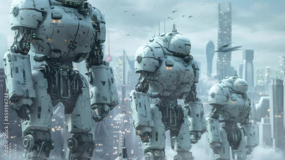 soldiers of military robots in futuristic city in the sky city, anime style