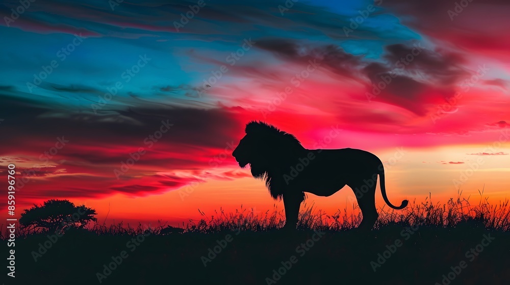 African landscape at sunset with silhouette of a big adult lion. African landscape at sunset with silhouette of a big adult lion.