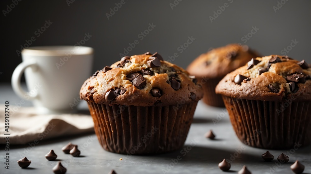 chocolate chip muffin on white table and plain background with dramatic lighting chocolate chip muffin on white table and plain background with dramatic lighting