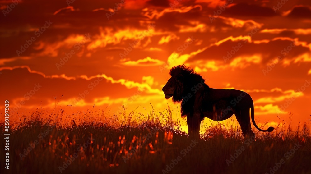 African landscape at sunset with silhouette of a big adult lion. African landscape at sunset with silhouette of a big adult lion.