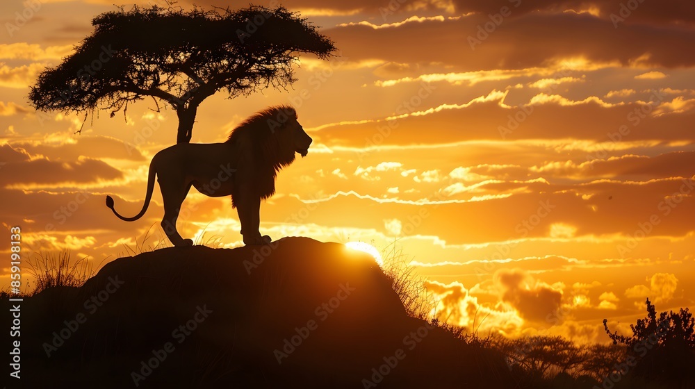 African landscape at sunset with silhouette of a big adult lion. African landscape at sunset with silhouette of a big adult lion.