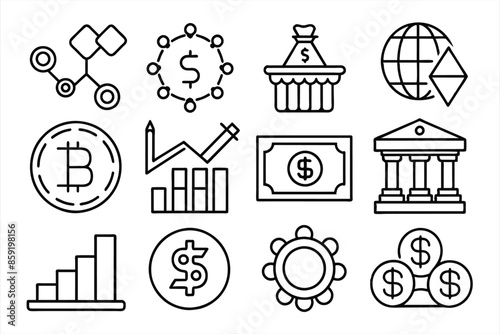Finance icon set. Containing loan, cash, saving, financial goal, profit, budget, mutual fund, earning money and revenue icons. Solid icons collection.
