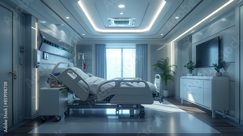 A spacious and modern hospital room designed with advanced medical equipment and a comfortable bed, symbolizing state-of-the-art healthcare practices and patient wellbeing.