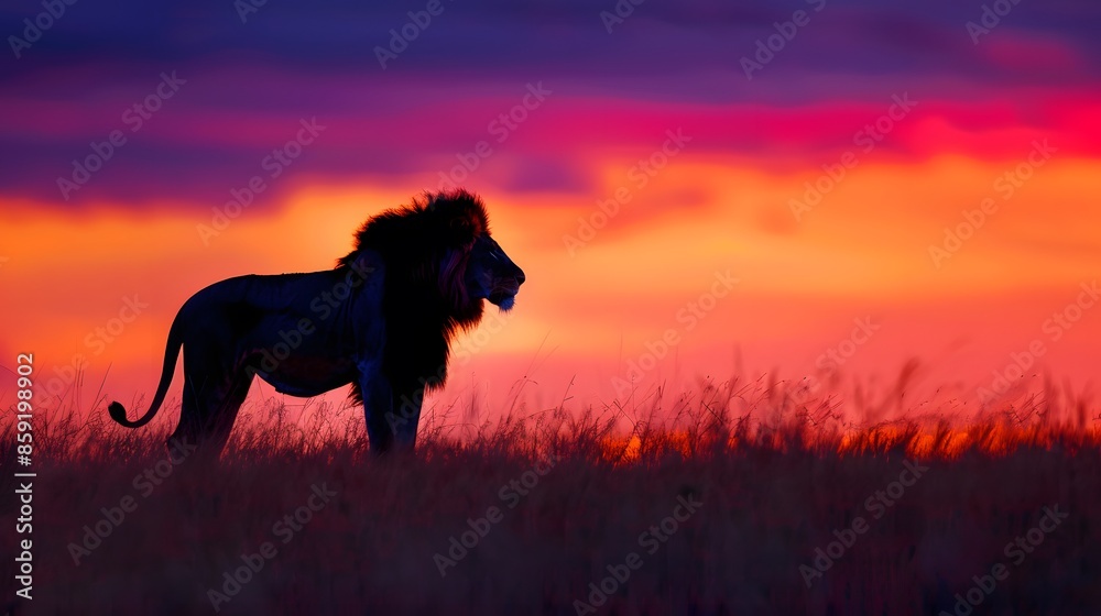 African landscape at sunset with silhouette of a big adult lion. 