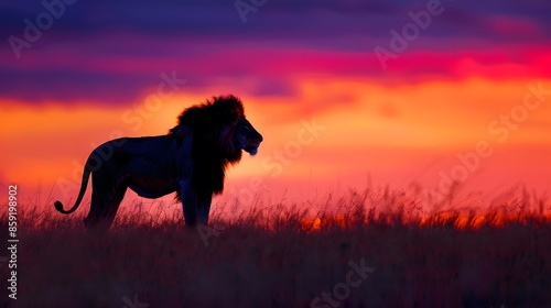 African landscape at sunset with silhouette of a big adult lion. 