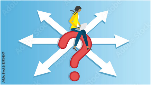 Woman uncertain about what road she should choose. Sitting on question mark with arrows with different angels in background. 16:9. Vector illustration.