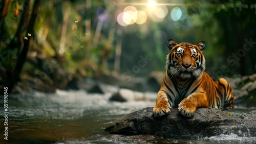 a tiger sitting on  river side of forest video background seamless looping 4k quality photo