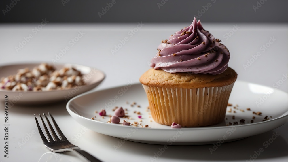 cupcake on plate on white table and plain background with dramatic lighting cupcake on plate on white table and plain background with dramatic lighting
