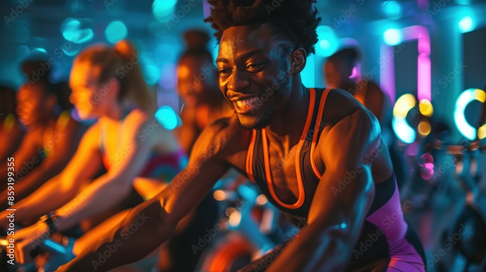 An individual is vigorously cycling in a vibrant, neon-lit gym environment, portraying a high-energy scene filled with multiple other participants engaged in a group workout session. An individual is vigorously cycling in a vibrant, neon-lit gym environment, portraying a high-energy scene filled with multiple other participants engaged in a group workout session.