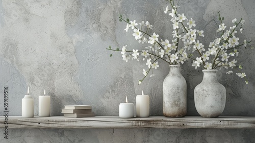 Wallpaper Mural Neutral vases holding white flowers with candles on weathered shelf against grey wall Home decoration Torontodigital.ca