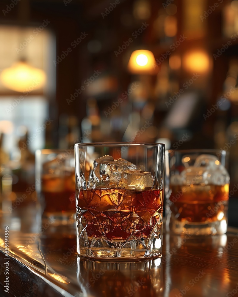 Close-up of whiskey glasses with ice on a bar counter in a dimly lit bar setting, evoking a warm and relaxing atmosphere. Close-up of whiskey glasses with ice on a bar counter in a dimly lit bar setting, evoking a warm and relaxing atmosphere.