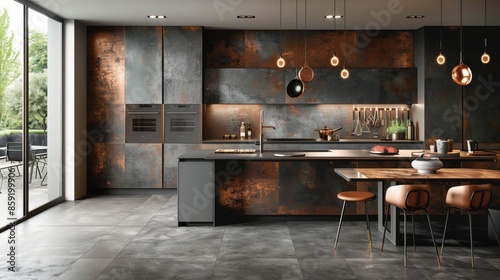 A contemporary kitchen featuring dark, rustic cabinetry, sleek countertops, pendant lighting, and a dining area, offering a blend of modern and aged charm.