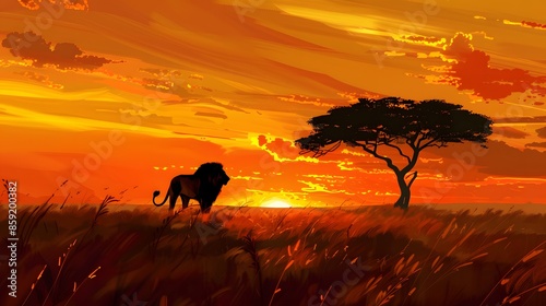 African landscape at sunset with silhouette of a big adult lion. 