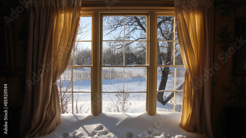 A cozy interior view through a window with golden curtains, revealing a snowy landscape and bare trees outside.