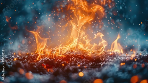 An up-close shot of glowing embers with fiery flares rising against a blurred backdrop, filling the scene with warm light, dynamic motion, and intense visual contrast.