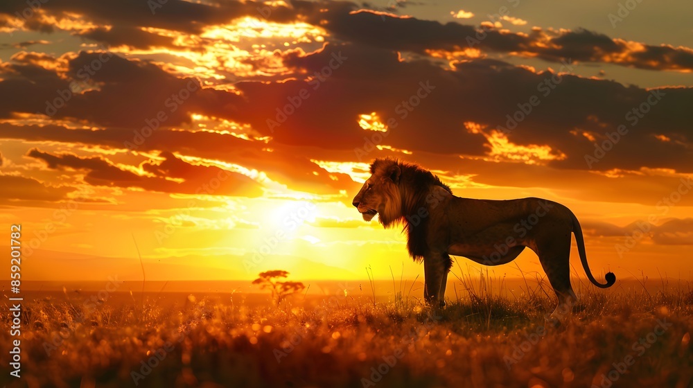 African landscape at sunset with silhouette of a big adult lion. African landscape at sunset with silhouette of a big adult lion.