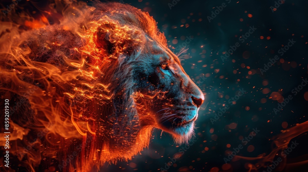 Image depicts a majestic lion with a blazing fiery mane, representing power and fierceness, amidst a dark backdrop, emphasizing the mythical and intense nature of the creature. Image depicts a majestic lion with a blazing fiery mane, representing power and fierceness, amidst a dark backdrop, emphasizing the mythical and intense nature of the creature.