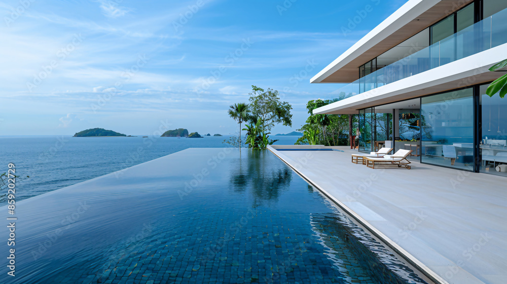 Fototapeta premium Modern house with ocean-view pool. Generative by AI
