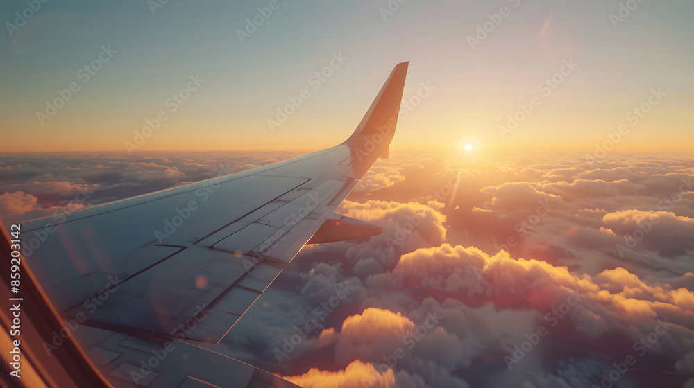 Obraz premium Airplane wing view at sunset. Generative by AI