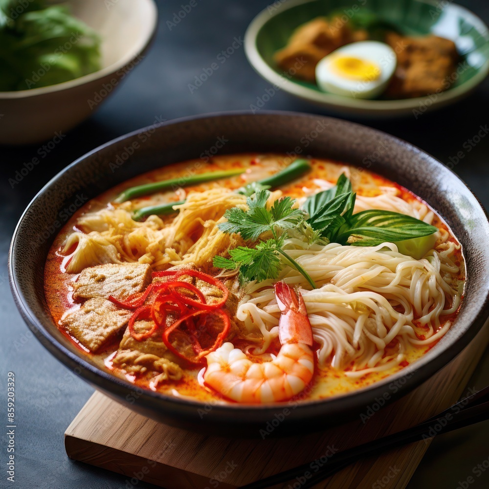 a tantalizing singaporean cuisine, a delicious bowl of laksa singapore, a concoction comprising of spicy delicious broth, freshly made noodles, fresh shrimp and infused with herbs and spices a tantalizing singaporean cuisine, a delicious bowl of laksa singapore, a concoction comprising of spicy delicious broth, freshly made noodles, fresh shrimp and infused with herbs and spices