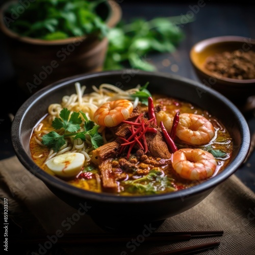 a tantalizing singaporean cuisine, a delicious bowl of laksa singapore, a concoction comprising of spicy delicious broth, freshly made noodles, fresh shrimp and infused with herbs and spices