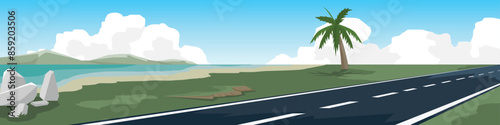 Horizontal or landscape of smooth asphalt road beside a beach and a vast sea. Surrounded by green grass with island under the blue sky and white clouds.