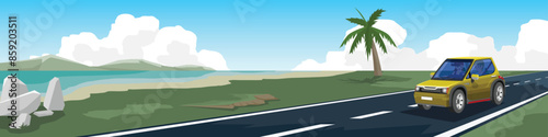 Small yellow family car. Man drives  car and his lover sits next to him. Smooth asphalt road beside a beach and a vast sea. Surrounded by green grass with island under the blue sky and white clouds.