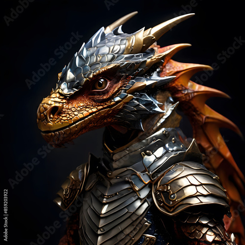 Daring Dragon A small, daring dragon with shiny scales and a knight’s helmet photo