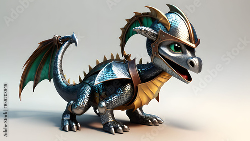 Daring Dragon A small, daring dragon with shiny scales and a knight’s helmet photo