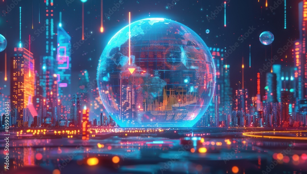 Futuristic Cityscape with Holographic Globe Futuristic Cityscape with Holographic Globe