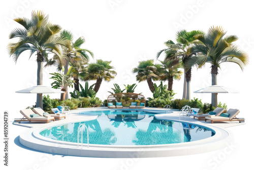 Tropical resort pool with lounge chairs, umbrellas, and palm trees. Perfect vacation spot for relaxation and leisure activities.