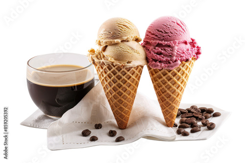 Delicious waffle cones with coffee and berry ice cream served with a cup of espresso and coffee beans on a white napkin.