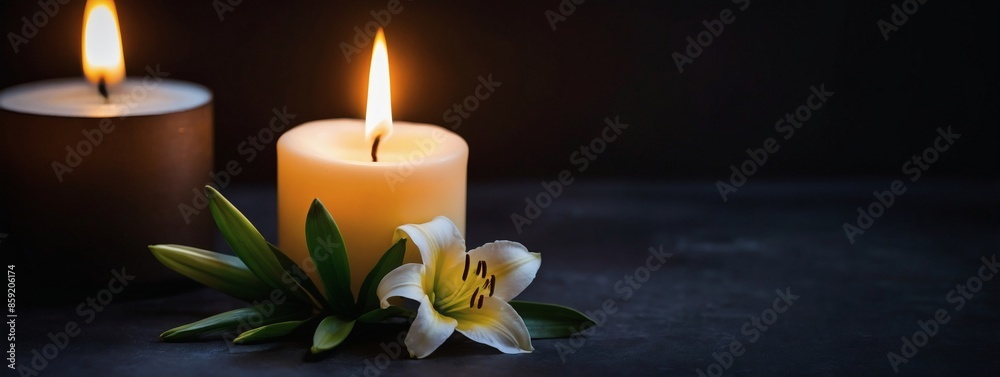 Dark background with lily and candle, perfect for funeral messages. Dark background with lily and candle, perfect for funeral messages.
