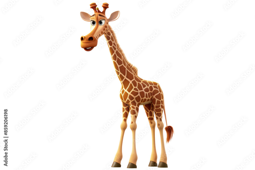 Fototapeta premium A charming animated giraffe stands gracefully, showcasing its tall neck and unique spots against a clean background. Perfect for children's content.