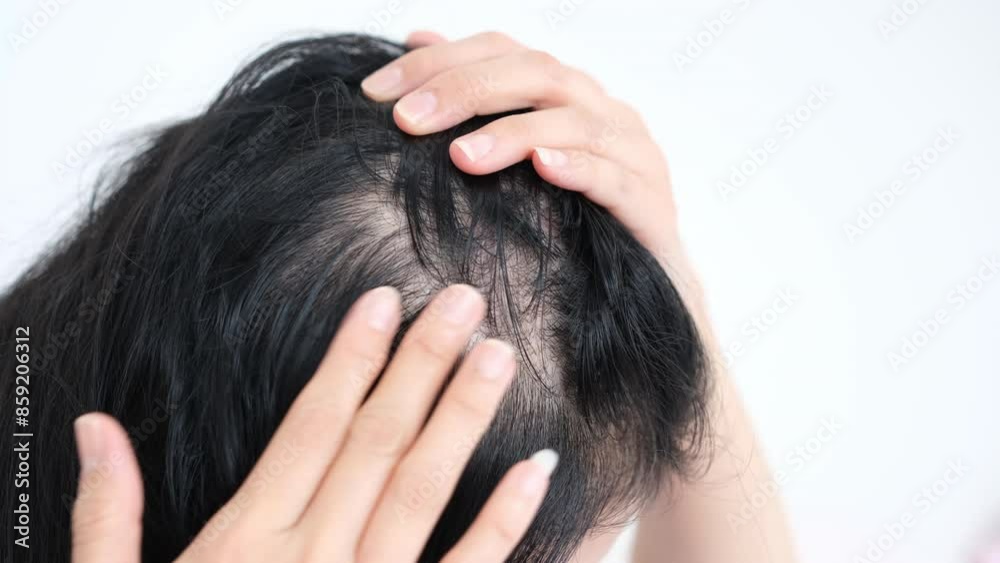 Asian woman parting her hair revealing hair loss or thinning hair. Asian woman parting her hair revealing hair loss or thinning hair.