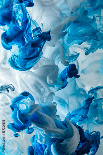 Elegant swirls of blue and white ink in water, creating a captivating and fluid abstract composition with a sense of movement.