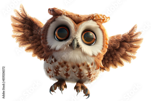 Cute cartoon owl with big eyes and open wings, isolated on white background. Adorable character for various designs and themes.